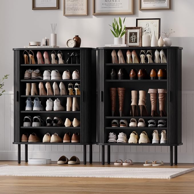 ONBRILL 6-Tier Shoe Cabinet with Sliding Door, Wooden Shoe Storage Cabinet with Adjustable Shelves, Mid-Century Modern Freestanding Shoe Storage Organizer for Entryway, Hallway, Living Room, Black