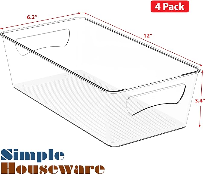 Simple Houseware 4 Pack Clear Fridge Storage Bins Organizer (12"x6.2"x3.4") | for Cabinet / Pantry / Refrigerator / Freezer / Kitchen