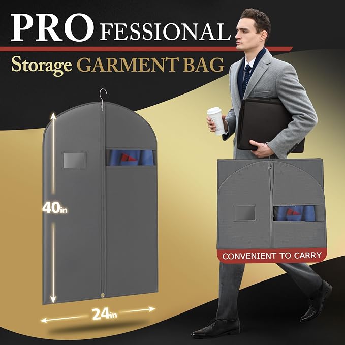 5 Pack 40-inch Suit Bag Garment Bag for Travel and Storage, Garment Bags for Hanging Clothes with Zipper and Visible Transparent Window, Gray