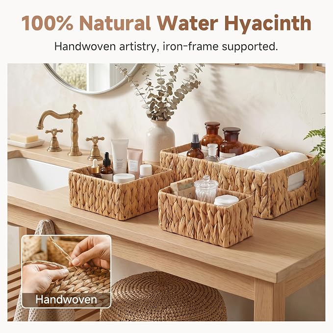 StorageWorks Pantry Baskets for Shelves 3 Pack, Rectangular Wicker Basket with Handles, Natural Water Hyacinth Woven Baskets for Living Room, Toilet, Shelf Storage Basket for Home Decor