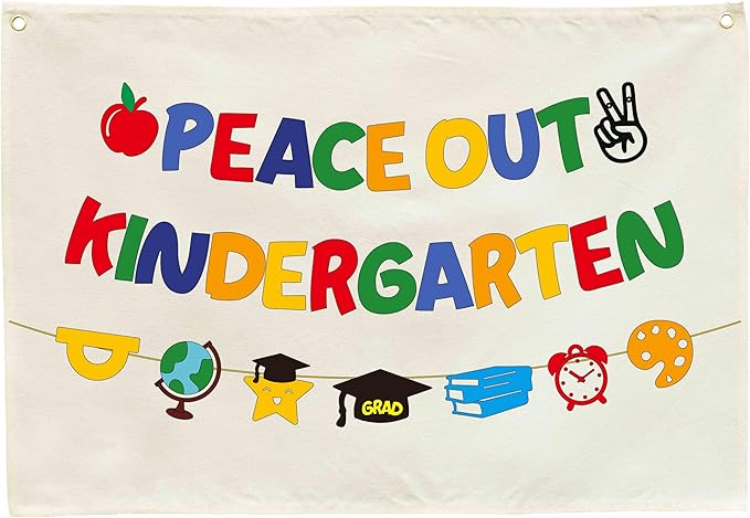 Graduation Banner Party Decor-Rectangular Canvas Banner Poster Wall Sign-Garland for Congratulation Graduation Party Supplies Classroom Front Door Home Decorations-Peace Our Kindergarten