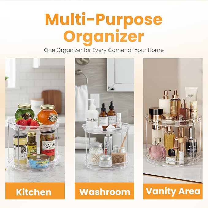 Oizeir Clear Two Tier Lazy Susan Organizer 2-Pack | Rotating Spice Rack Turntable, For Kitchen Cabinet, Countertop, Bathroom, Dining Table, Spinning Carousel Racks