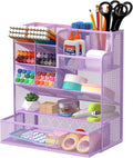 Mesh Pen Organizer for Desk, 13 Compartments with Drawer， Purple | Metal mesh pencil holder and desk organizer with tilted slots for easy access to stationery at home, school or office