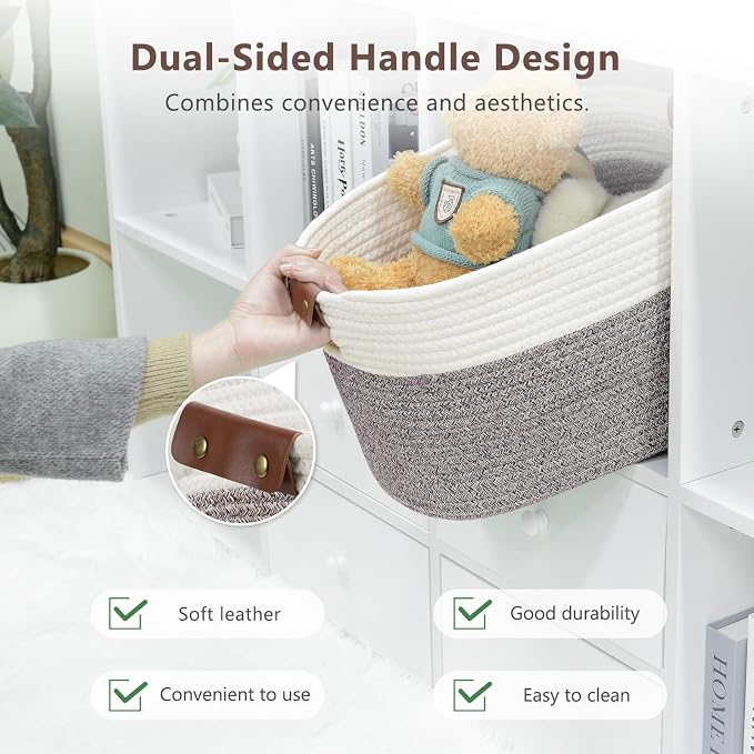 ECDYQXVU 15x10x9 Woven Cotton Rope Storage Basket, Leather Handles 2 Pack | Foldable Design, Sturdy PU Handles, Easy to Clean Organizer for Living Room, Closet, Shelves, Bedroom, Laundry, Clothes