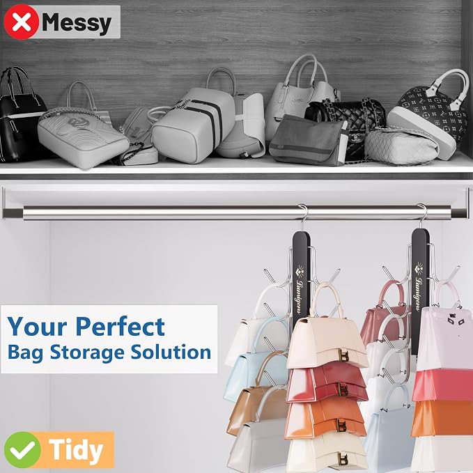 Purse Hanger, 4 Pack Purse Organizer for Closet with 32 Hooks for Heavy Bags, Sturdy Bag Storage, Rotatable Handbag Holder, Purse Rack Space Saving Backpack Hanging Closet Organizer Hangers, Black