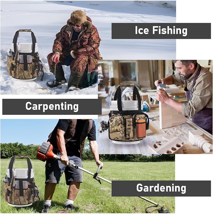 Dr.Fish 5 Gallon Bucket Tool Organizer - Adjustable Gear Bag with 6 Pockets and 2 Rod Holders for Ice Fishing Tackle Storage