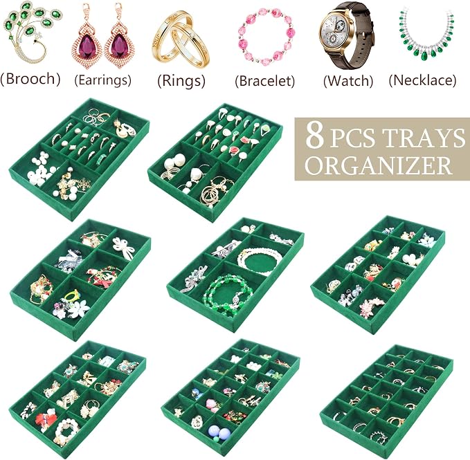 Jewelry Tray Organizer for Drawer 8Pack Stackable Jewelryy Case Velvet Jewellry Storage Display Necklaces, Earring, Rings Bracelet