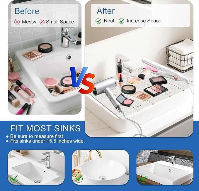 Mofason Bathroom Sink Top Cover Space Saver,Silicone Makeup Organizer Mat for Over Countertop,Small Bathroom Must Haves Accessories Rv Camper Travel Foldable Gadgets-Pearl