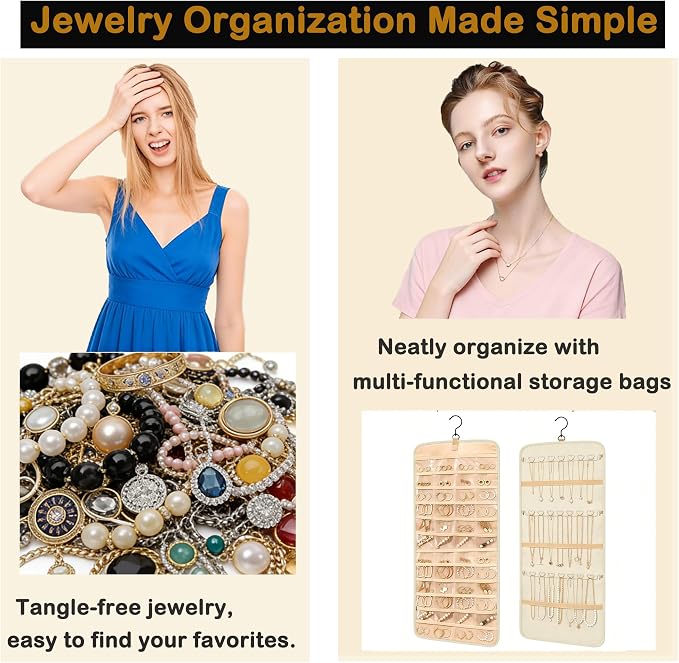 Hanging Jewelry Organizer, Double-Sided Jewelry Organizers and Storage with 48 Pockets and 21 Hooks for Necklaces Earrings Rings, Jewelry Travel Roll Over the Door for Closet Wall (1, White)
