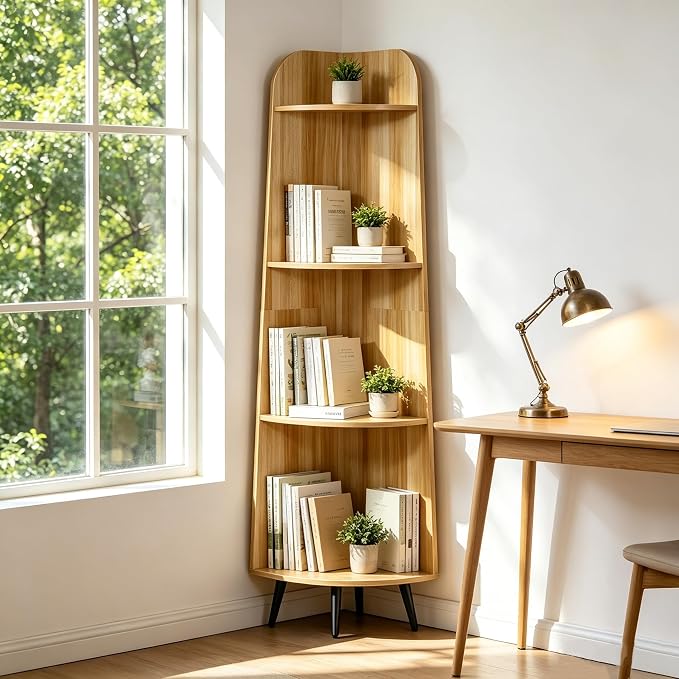 VECELO 4-Tier Curved Corner Shelf, 66.93" Tall Freestanding Corner Bookshelf, Narrow Vertical Corner Display Rack with 17.32" Spacious Open Tiers for Bedroom Living Room Small Spaces, Natuarl Wood
