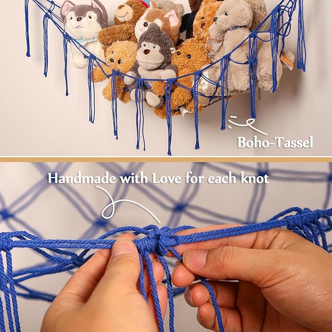 YKBU Stuffed Animals Hammock Corner Hanging Net for Macrame Stuffed Animal Storage Plush Toy Holder Toy Organizer for Boho Nursery Playroom Bedroom Kids Room Decor (blue, Large)