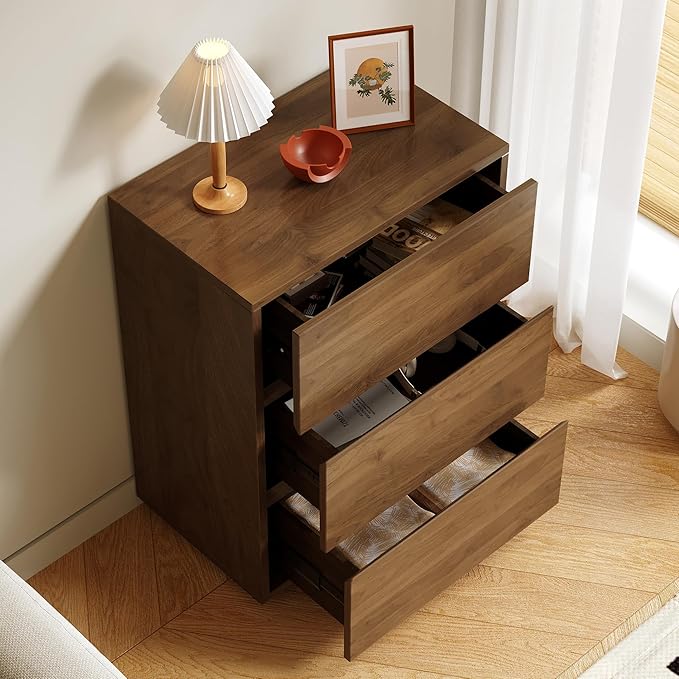 Mid Century Modern 3-Drawer Storage Cabinet – Stylish Wooden Design, Freestanding Organizer Cabinet for Bedroom or Living Room, Walnut