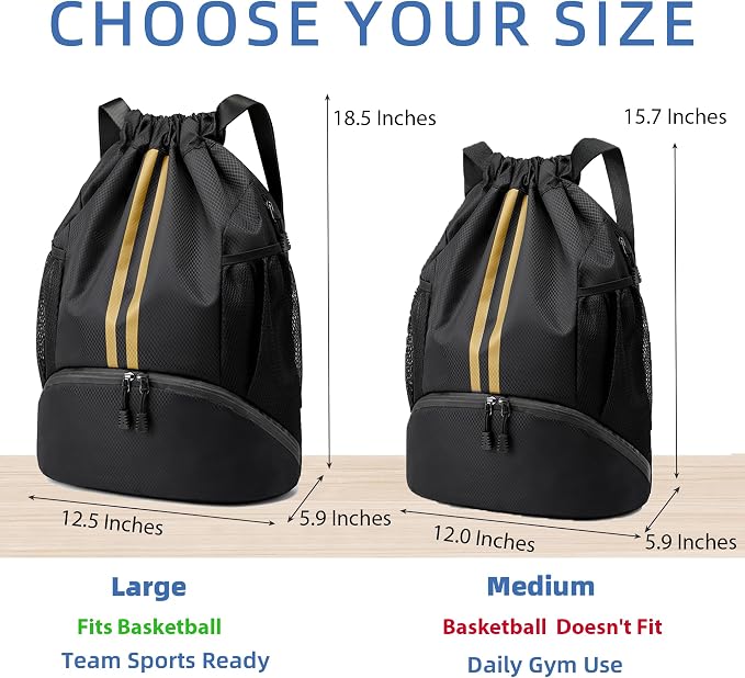 JELUTAR Drawstring Backpack Gym Bag with Shoes Compartment for Soccer, Basketball, Swim, Water-Resistant String Backpack Beach Cinch for Women Men, Black Gold