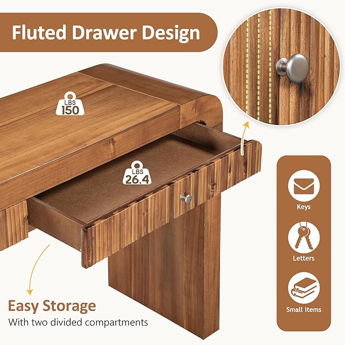 Modern Curved Entryway Console Table 54.3-Inch Farmhouse Rustic Sofa Entry Table Fluted Accent Tables with Storage Drawers for Living Room Hallway Furniture, Brown