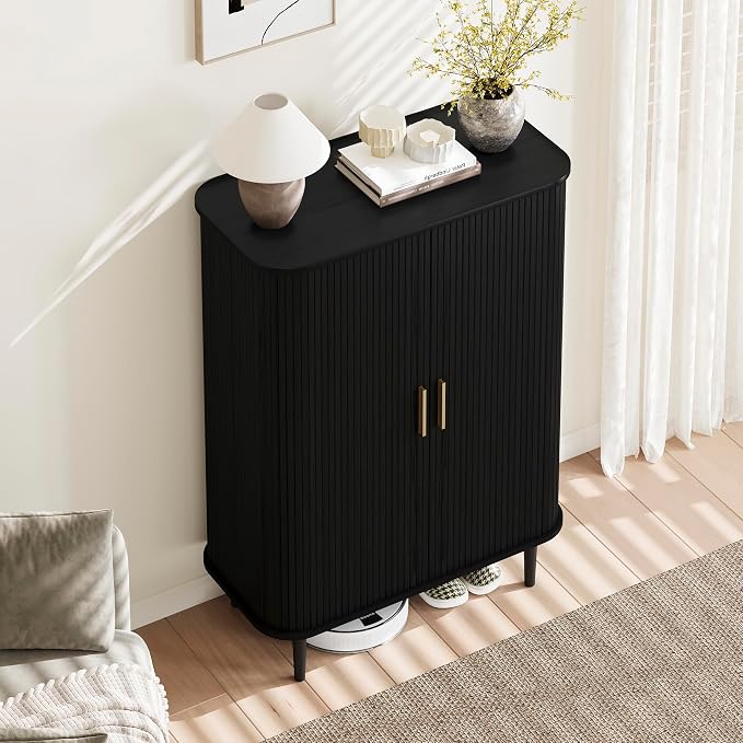 DHH Shoe Storage Cabinet with Sliding Door, 6-Tier Shoe Cabinet with Adjustable Shelves, Mid-Century Modern Freestanding Shoe Storage Organizer for Entryway, Hallway, Living Room (Black, 31.5 ")