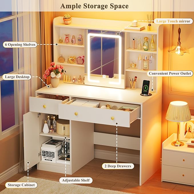 HUAHUU Vanity Desk with Mirror and Lights, 37" Makeup Vanity Desk with LED Lighted Mirror, Power Outlet, White Vanity with Storage Cabinet, 2 Drawers & 6 Shelves for Bedroom
