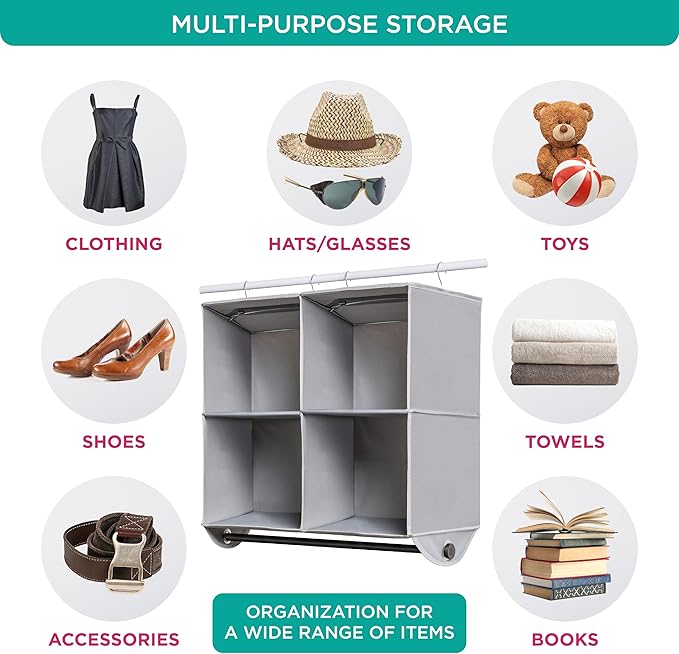 HOLDN’ STORAGE Hanging Closet Organizer with Garment Rod – Heavy Duty 4-Shelf Hanging Shelves for Clothes, Sweaters & Shoes, Reinforced 600D Fabric Storage Unit with Built-in Clothing Rod, Grey