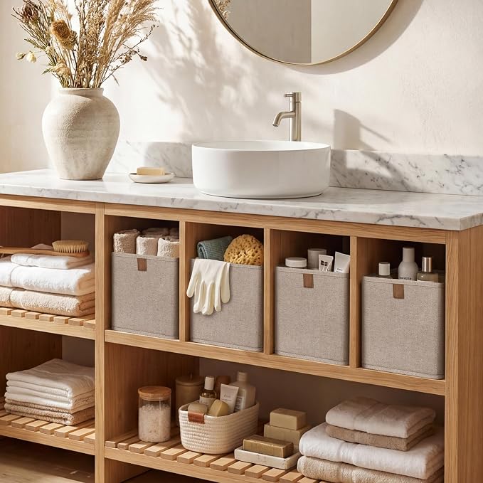 StorageWorks Fabric Storage Bins, Narrow Baskets for Storage, Small Baskets for Organizing with PU Handle, Suitable for Clothes, Books, and Toys, Brown and Beige, 4-Pack