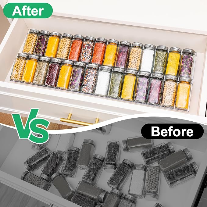 Imncya 8 Pack Clear Spice Drawer Organizer, 4-Tier Expandable Acrylic Spice Rack (13"-26"), Kitchen Seasoning Storage Racks for Drawers and Countertop (Jars Not Included)
