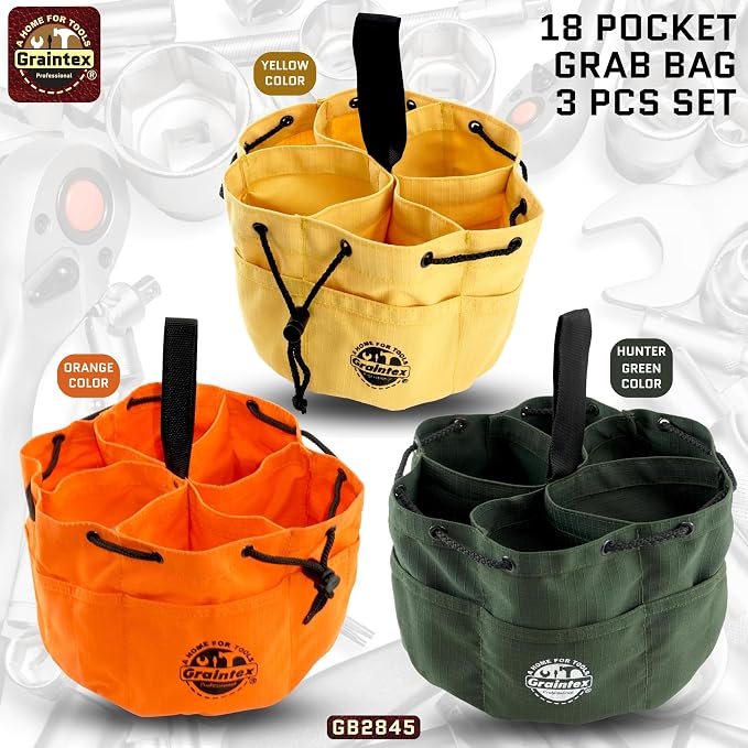 Graintex 18 Pocket Grab Bags Set of 3 Pcs Rip-Stop Canvas, Drawstring Closure, Small Parts Organizer Bag, Small Tools, Screws, Parts, Parachute Tool Bag, Parachute Tool Organizer for Essential Items