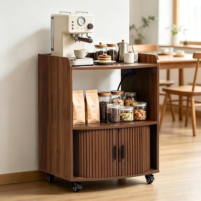 Bifins Coffee Bar Cart for Home, 3 Tier Rolling Serving Carts with Wheels | Coffee Cart with Removable Metal Brackets and Sliding Doors,Mobile Liquor Sideboard Cabinet for Home Bar, Kitchen
