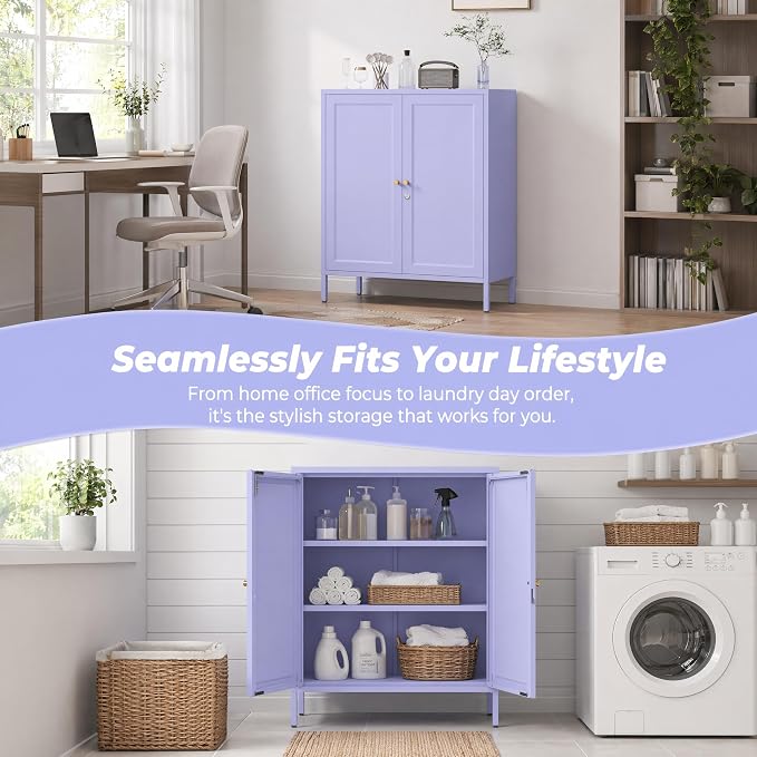 Lockable Metal Storage Cabinet with Adjustable Shelves, Multifunctional Versatile Storage Lockers, Durable Accent Sideboard for Entrance lingving Room Bathroom Purple 36" H X 31.5" W X 13.8" D