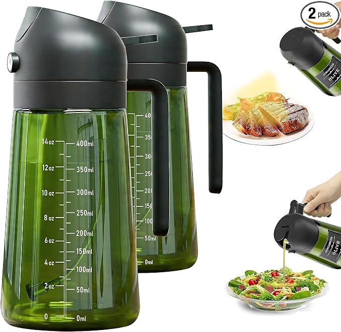 Olive Oil Sprayer & Dispenser for Cooking, 16oz Dark Glass Oil Mister, 2PC | 2-in-1 Oil Sprayer & Pourer, Fine mist, Light-Blocking, Wide Mouth, Easy Refill & Clean, 8 Oil Labels, Reusable, with Scale