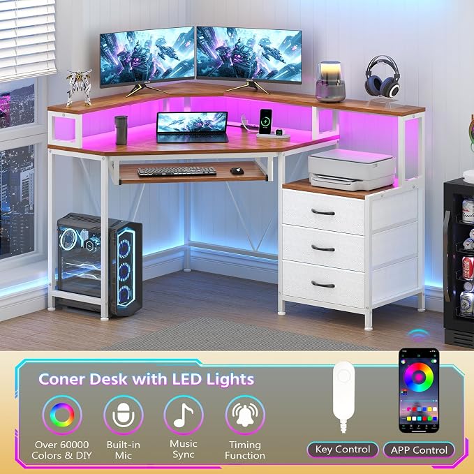 47" Corner Desk with Drawers, Power Outlets ＆ Printer Shelf for Small Space | Small Computer Desk with Monitor Stand, Triangle Gaming Desk with LED Lights and Keyboard Tray, Brown and White