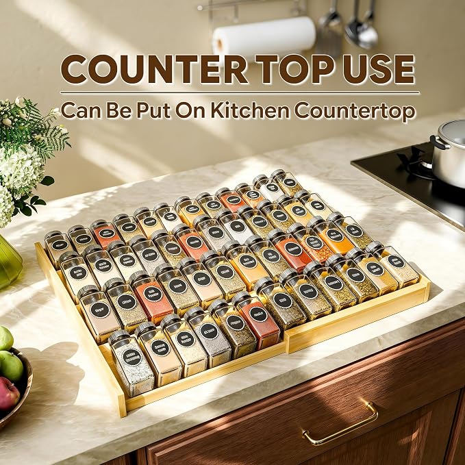 Simple Trending Bamboo Spice Drawer Organizer, 4-Tier Expandable Drawer Seasoning Storage Insert, Kitchen Spice Rack for Cabinet, Countertop (Jars not included, From 12.25" to 21.65" Wide)