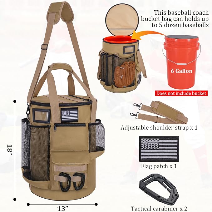 Baseball Bucket Bag, Tactical Style Softball Bucket Cover for 6 Gallon Bucket, Coaching Accessories Organizer with Multiple Pockets for Bat, Gloves, Scoreboard