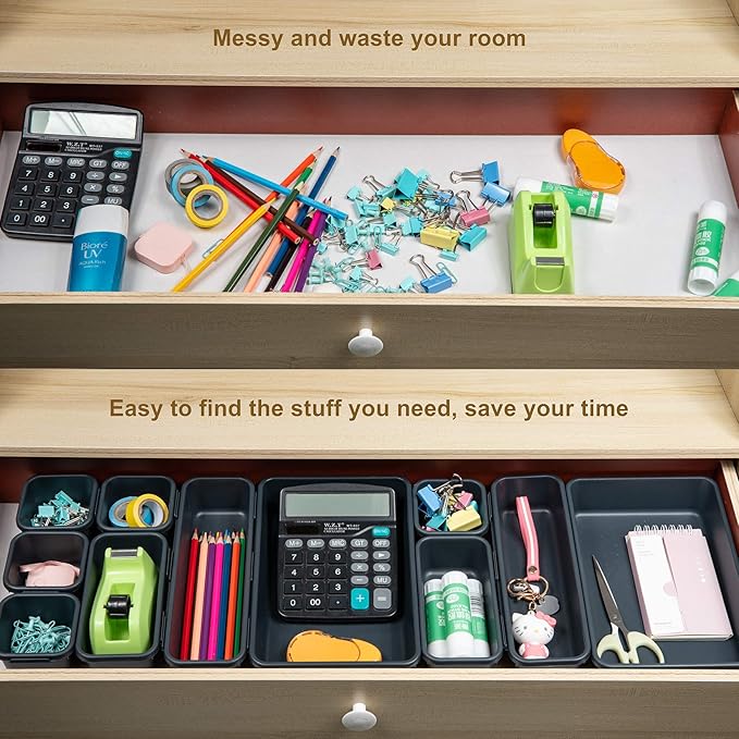 Gonice 18 PCS Black Desk Drawer Organizer Tray, Interlocking Drawer Organizers and Storage with 3 Sizes for Office, Bathroom, Kitchen, Makeup