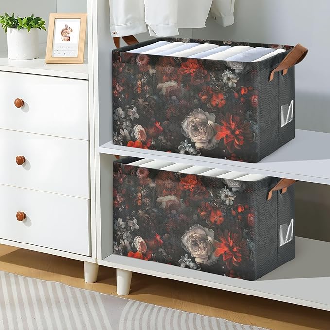 Moody Floral Goth Flower Gothic Dark Storage Bins for Shelves with Labels&Handles Fabric Organizer Bin Foldable Rectangle Storage Basket Boxes for Closet, Bathroom, Home, Living Room