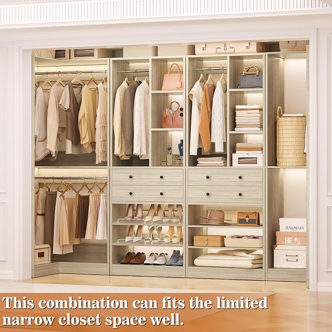 Besiost Closet System with 2 Drawers, 3 Hanging Rods, 59.5" * 31.5" Closet Organizer System with Corner Tower, Reversible L Shaped Walk-in Closet System, Corner Closet System Set of 2, Greige Oak