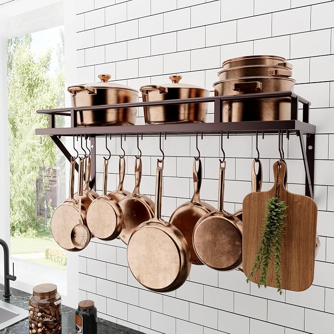KES 30-Inch Wall Pot Rack, Oil Bronze, 88lb Capacity, 12 Hooks, Farmhouse | Cast Iron Pots and Pans Organizer, Reinforced Grid Shelf, Stud Mounting, Indoor Kitchen Organizer