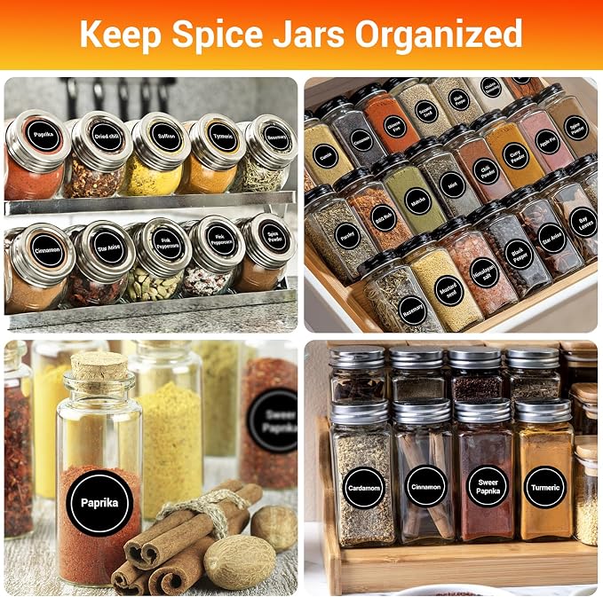 Segarty Preprinted Spice Labels, 432 Round Black Printed Pantry Labels and Blank Stickers with 1 Chalk Marker Set, Reusable Write-on Stickers for Spice Jars Rack, Food Containers, Seasoning Bottles