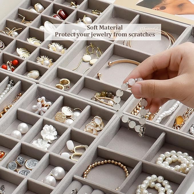 SPAKOWN Stackable Jewelry Organizer Trays Set of 9, Small Velvet Jewelry Organizers Earring Necklace Ring Bracelet Display Case Storage for Drawer Dresser (Grey)