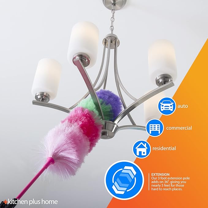 Kitchen + Home Large 27" Inch Static Duster with Bonus 35" Inch Extension Pole - Electrostatic Feather Duster attracts dust Like a Magnet! - Assorted Colors Will Ship