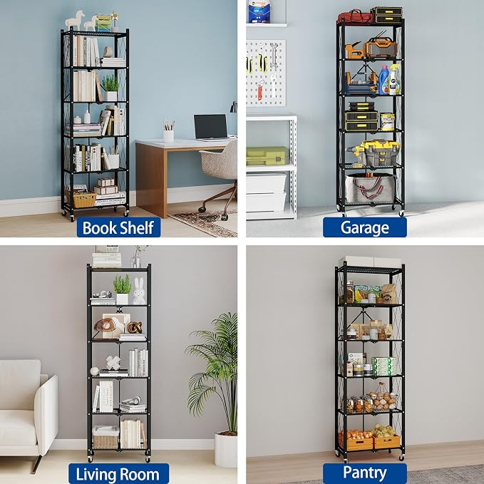 6 Tier Foldable Storage Shelves with Wheels -No Assembly Metal Folding Shelves Collapsible Shelving Unit Display Heavy Duty Rolling Shelf for Home Kitchen Office Room (Black, 73" x 14" x 23")