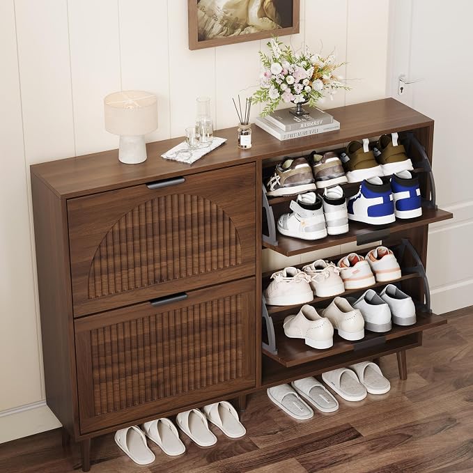 Shoe Storage Cabinet with 4 Flip Drawers, Narrow Wood Shoe Organizer Cabinet with Fluted Panel, Slim Shoe Rack for Entryway, Freestanding Shoe Cabinet for Living Room, Hallway, Walnut