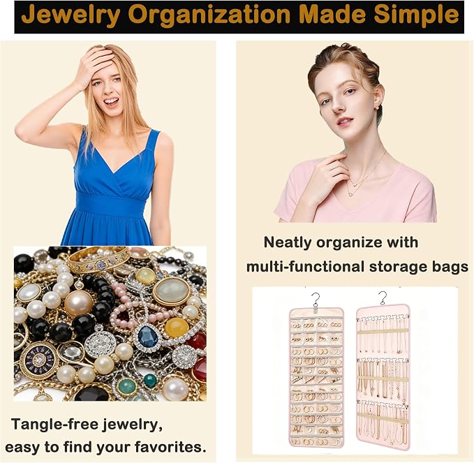 Hanging Jewelry Organizer, Double-Sided Jewelry Organizers and Storage with 48 Pockets and 21 Hooks for Necklaces Earrings Rings, Jewelry Travel Roll Over the Door for Closet Wall (1, Pink)