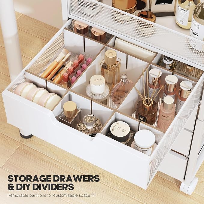 Makeup Organizer Cart with 4 Drawers, Vanity Storage Drawer Carts with Dividers, Nail Cart Organizer Cosmetic Display Cases Cabinet for Skin Care, Nail Polish, Perfume, White
