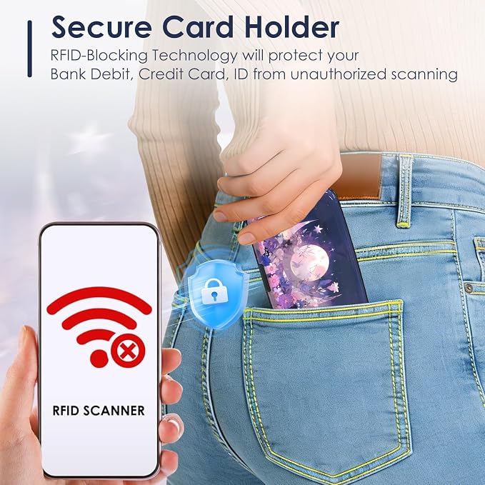 Mini Credit Card Holder for Women Men, RFID Blocking Slim Metal Card Case ID Case Business Travel Hard Wallet, Purple Flowers Moon