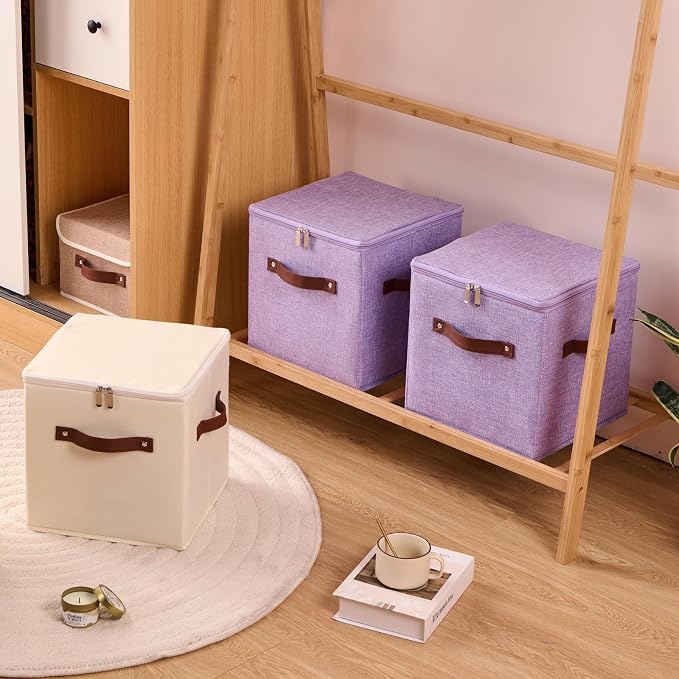 2PCS Storage Cubes with Lid Fabric Storage Bins Boxes PU Leather Handles Cotton Linen Closet Organizer Container Decorative Foldable Washable Shelf Cloth Basket (Zipper Lid, Beige, 11in)