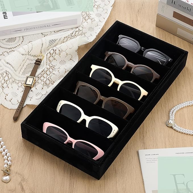 Juexica 4 Pcs Velvet Sunglasses Organizer Tray 6 Grid Sunglass Organizer Velvet Tray Stackable Glasses Display Case for Women Glasses Jewelry Display Watch (Black)