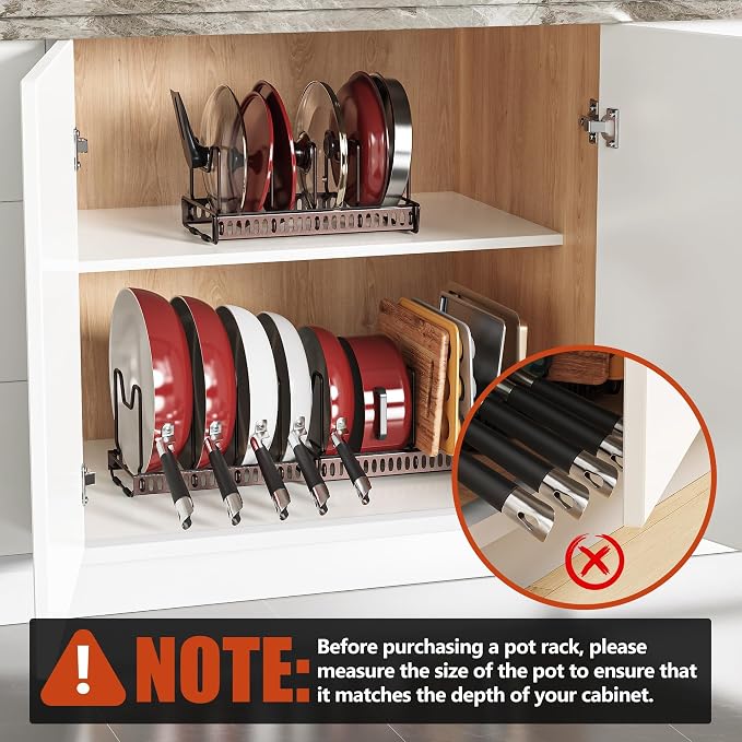 3 Pack Expandable Pan Organizer for Cabinet,Pot Lid Holder Rack with 14 Adjustable Compartment for Kitchen Cabinet Cookware Baking Frying Rack, Bronze