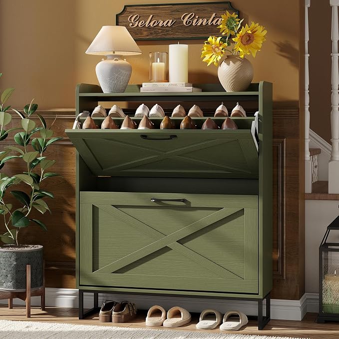 Maupvit Shoe Storage Cabinet with 2 Flip Drawers, Freestanding Shoe Organizer with Metal Legs for Entryway, Narrow Shoe Rack Cabinet, Green