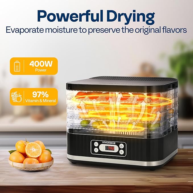 VIVOHOME Electric 5 Trays Food Dehydrator Machine, 400W Hydrator Machine with 72H Digital Timer and Temperature Control for Fruit Vegetable Meat Jerky Herb Beef Mushroom, Black