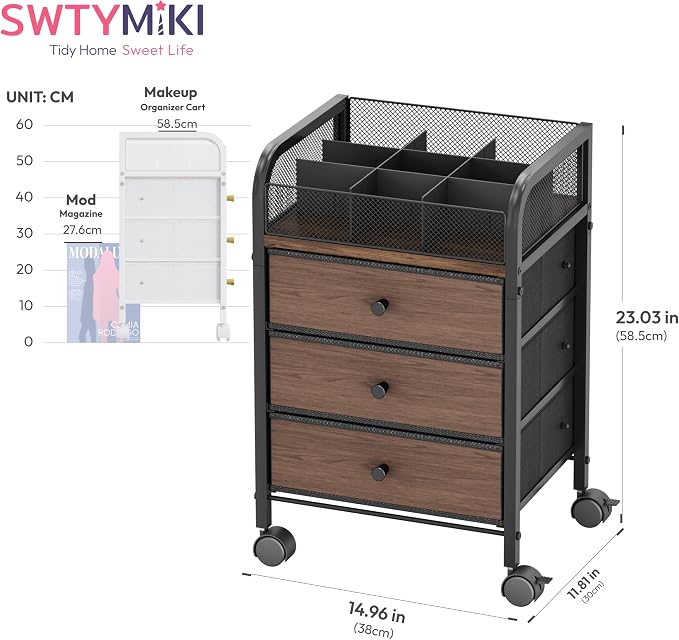 SWTYMIKI Rolling Makeup Organizer Cart - 14.96″*11.81″*23.03″ Widened Under Desk Vanity Storage with 3 Non-woven Drawers, Cosmetic Display Cases for Skin Care Perfume Nail Polish Brush Hair Tool Black