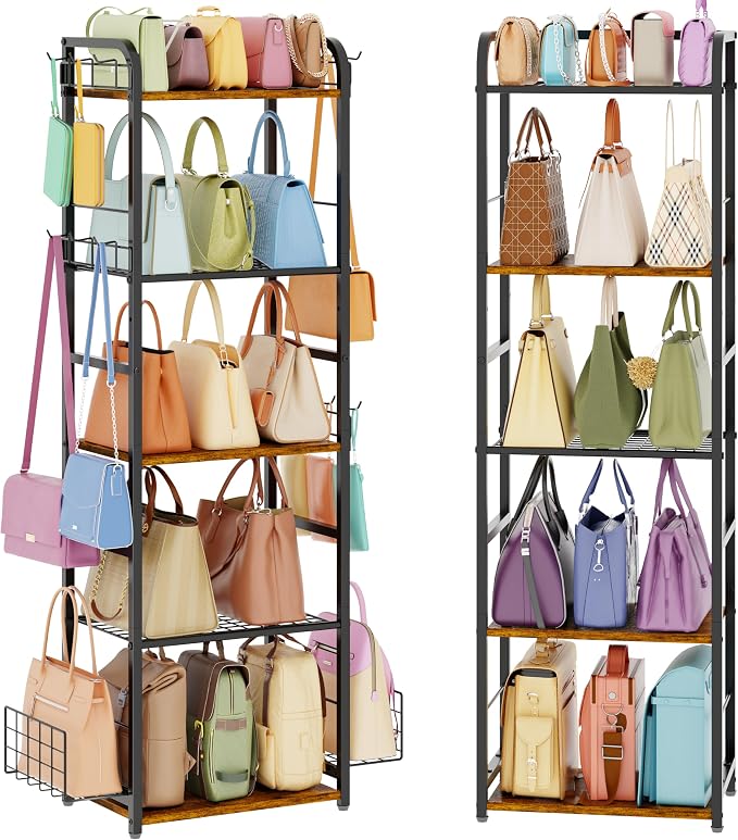Tall 5-Tier Purse Organizer for Closet, Purse Rack Stand for Purse Storage, Metal & Wood Handbag Organizer with 4 Side Hooks and 2 Baskets, Space-Saving Narrow Purse Shelf for Small Space, Bedroom