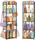 Tall 5-Tier Purse Organizer for Closet, Purse Rack Stand for Purse Storage, Metal & Wood Handbag Organizer with 4 Side Hooks and 2 Baskets, Space-Saving Narrow Purse Shelf for Small Space, Bedroom